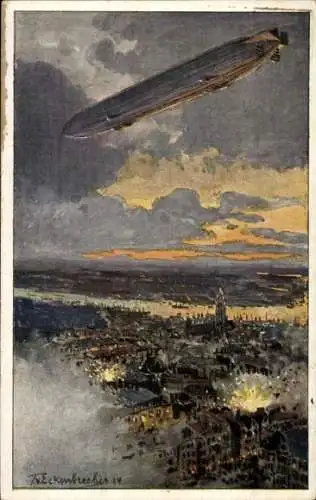 Künstler Ak von Eckenbrecher, Themistokles, Zeppelin über Antwerpen, Schlacht, I. WK