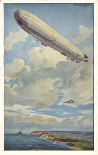 Künstler Ak Schulze, Hans Rudolf, Reichsmarineluftschiff, Wacht an deutscher Ostseeküste