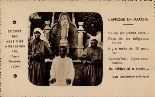 Ak Cote Occidentale d'Afrique, Einheimischer Mann und Nonnen, Societe des Missions Africaines Lyon