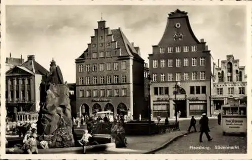 Ak Flensburg in Schleswig Holstein, Südermarkt, Giebelhäuser, Brunnen