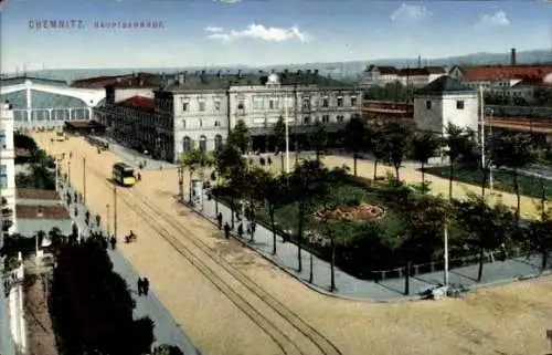 Ak Chemnitz Sachsen, Blick zum Hauptbahnhof, Straßenbahn, Park, Ottmar Zieher