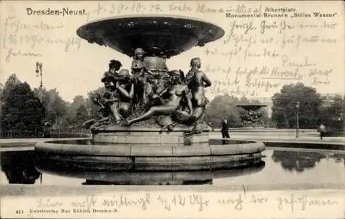 Ak Dresden Neustadt Albertpark, Albertplatz, Monument-Brunnen Stilles Wasser