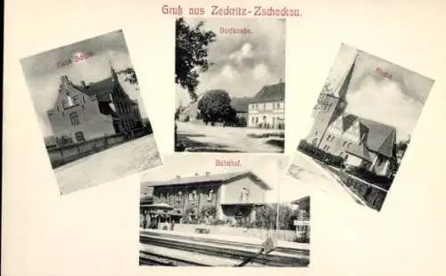 Ak Zeckritz Zschackau Beilrode in Sachsen, Bahnhof, Schule, Kirche, Dorfstraße