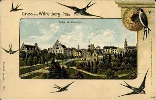 Passepartout Litho Wittenberge an der Elbe Prignitz, Teilansicht, Elstertor