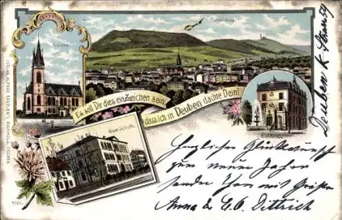 Litho Deuben Freital in Sachsen, Kirche, Panorama, Schule, Rathaus