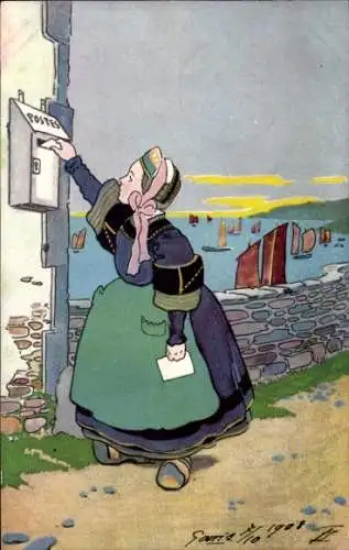 Ak Frau in französischer Tracht wirf einen Brief in den Briefkasten