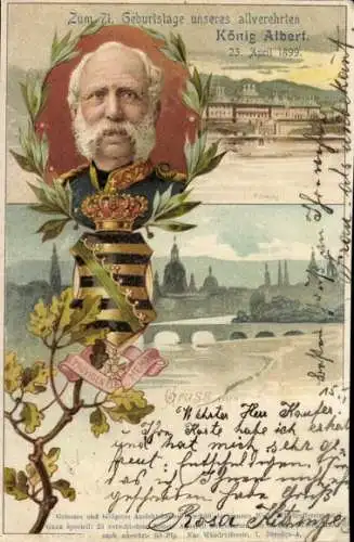 Wappen Litho König Albert von Sachsen, Providentia Memor, Pillnitz, 1828-1898, 70jh Jubiläum