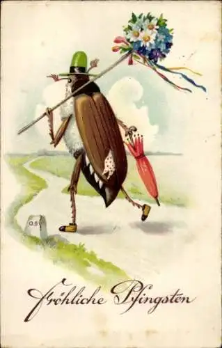 Ak Glückwunsch Pfingsten, Maikäfer, Blumen, Sonnenschirm