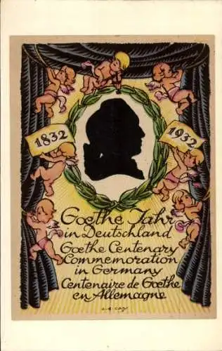 Scherenschnitt Ak Goethe-Jahr in Deutschland, Schriftsteller, 1832-1932, Vignette aufgeklebt
