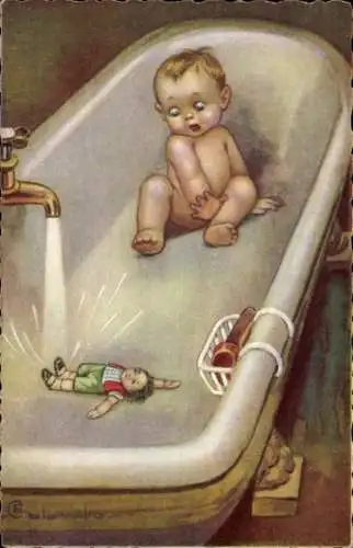 Künstler Ak Colombo, E., Kind und Puppe in der Badewanne, Wasserhahn, Badezimmer