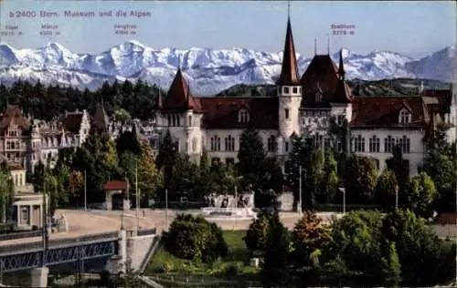 Ak Bern Stadt Schweiz, Museum und Alpen, Eiger, Mönch, Jungfrau, Breithorn