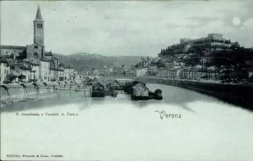 Mondschein Ak Verona Veneto, S. Anastasia e Castello S. Pietro