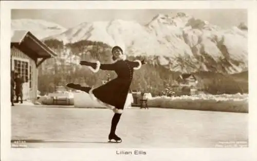 Ak Schauspielerin Lilian Ellis, Portrait beim Eislaufen
