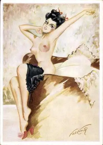 Künstler Ak Kelling, Nackte Frau reckt sich nach dem Aufwachen