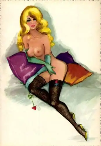 Künstler Ak Nackte blonde Frau in schwarzen Netzstrümpfen, Busen