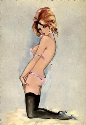 Künstler Ak Erotik, knieende Frau in Unterwäsche, Strümpfe