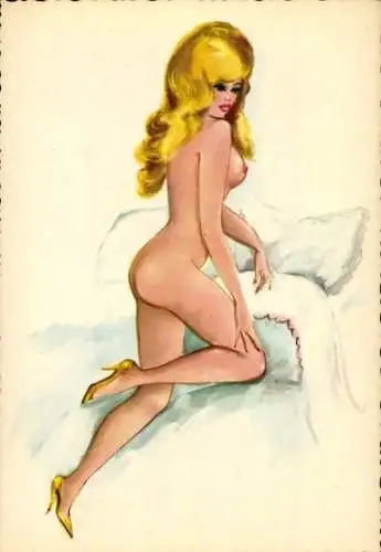Künstler Ak Erotik, nackte Blondine im Bett, Busen, Beine