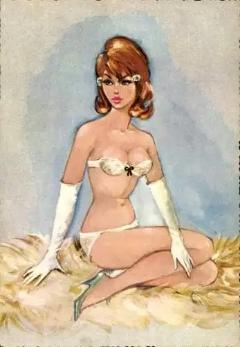 Künstler Ak Frau in Reizwäsche, Busen, Beine, Rothaarig