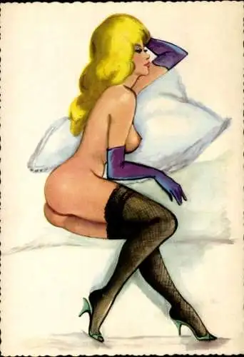 Künstler Ak Nackte Blondine mit Handschuhen und Strümpfen, Busen, Po