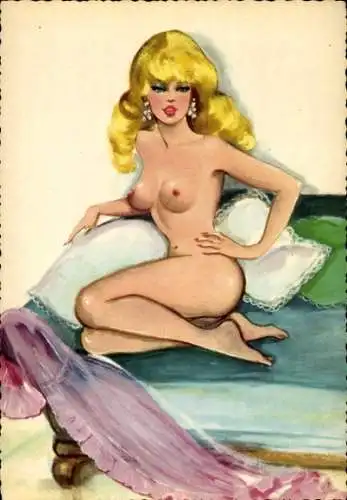 Künstler Ak Nackte Blondine auf einem Sofa, Busen, Po, Beine