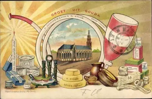 Passepartout Litho Gouda Südholland Niederlande, St. Janskerk, Gouda-Produkte, Käse