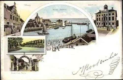 Lithographie Enkhuizen Nordholland Niederlande, Waag, Rathaus, Alter Hafen, Park, Tor