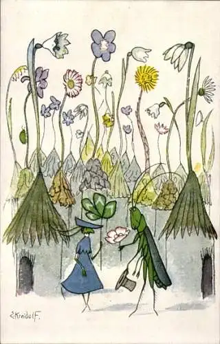 Künstler Ak Kreidolf, Ernst, Grashüpferpaar, Gratulant, Kunstwart Bildkarte Nr 205