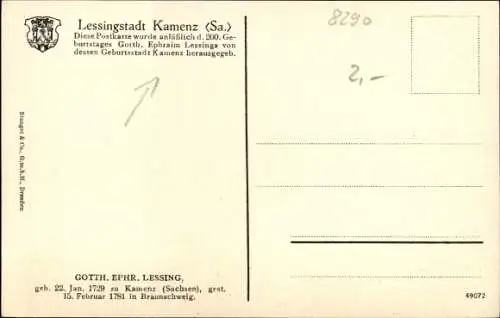 Ak Gotthold Ephraim Lessing, Schriftsteller, Portrait, Signatur