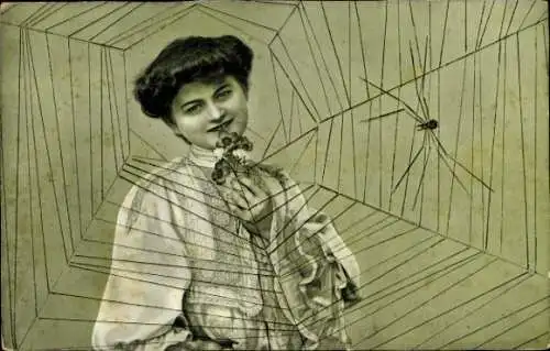 Ak Frauenportrait, Dame mit Blumen, Spinnennetz, Spinne