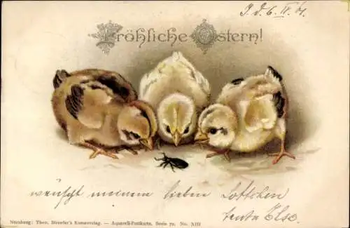 Litho Glückwunsch Ostern, Küken, Käfer