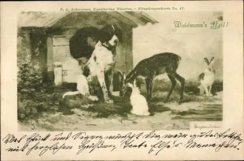 Künstler Litho Bauernhof, Hund, Reh, Kaninchen, Hundehütte