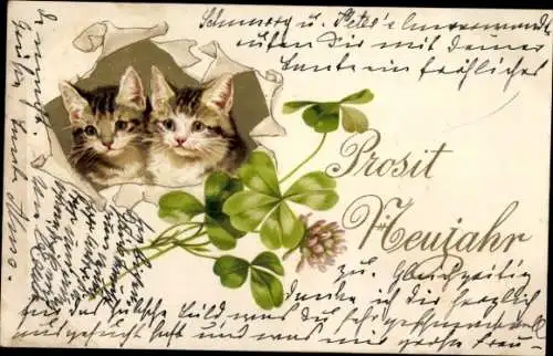 Litho Glückwunsch Neujahr, Katzen, Glücksklee