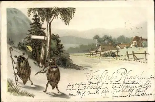 Präge Litho Glückwunsch Pfingsten, Maikäfer, Wegweiser, Häuser