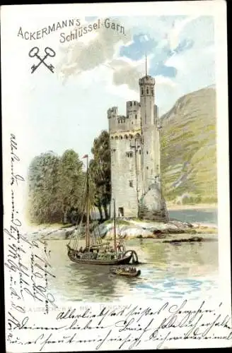 Litho Bingerbrück Bingen am Rhein, Mäuseturm, Werbung, Ackermann's Schlüssel-Garn