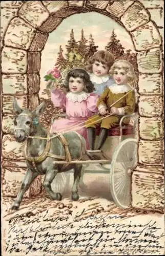 Litho Kinder, Fuhrwerk, Esel, Tor