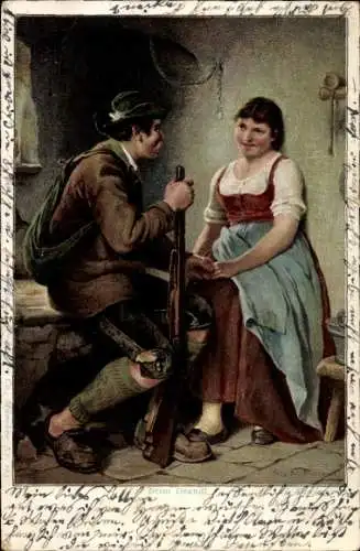 Litho Liebespaar, Jäger, Gewehr, Gespräch, Bauernstube