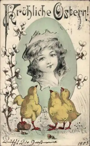 Litho Glückwunsch Ostern, Küken, Weidenkätzchen, Mädchen-Portrait