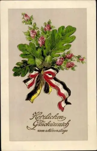 Ak Glückwunsch Namenstag, Eichenlaub, Fahne, Rosen