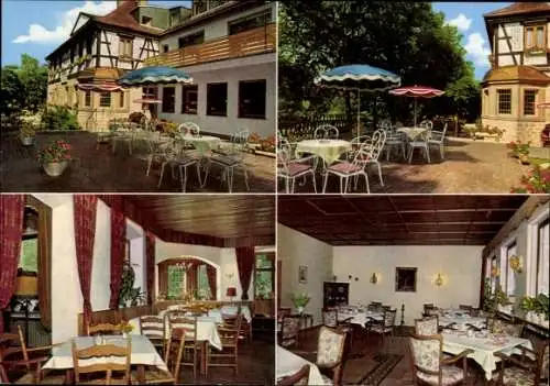 Ak Hessenthal Mespelbrunn im Spessart, Schlossgaststätte, Terrasse, Gastraum