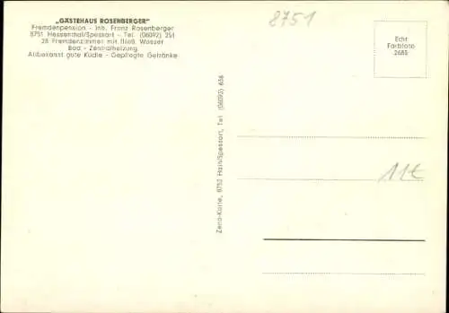 Ak Hessenthal Mespelbrunn im Spessart, Gästehaus Rosenberger, Speisesaal, Jägerzimmer