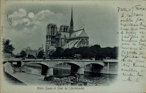 Mondschein Ak Paris IV Ile de la Cité, Kathedrale Notre-Dame, Pont de l'Archereche