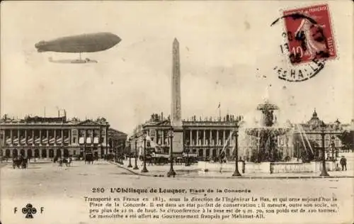 Ak Paris VIIIe Élysée, Place de la Concorde, Obelisk von Louqsor