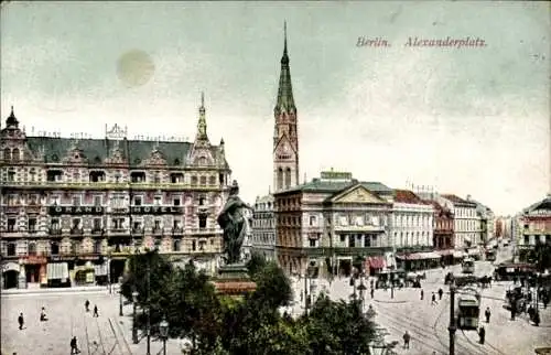 Ak Berlin, Alexanderplatz, Denkmal, Grand Hotel, Straßenbahn