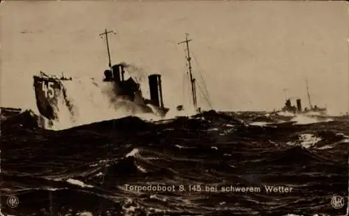 Ak Deutsches Kriegsschiff, Torpedoboot S 145 bei schwerem Wetter, NPG