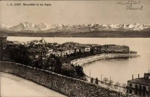 Ak Neuchâtel Neuenburg Stadt, Panorama, Alpen