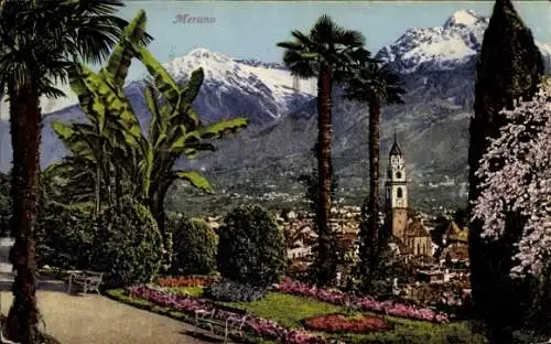 Ak Meran Merano Südtirol, Panorama, Blumengarten, Palmen, Turm