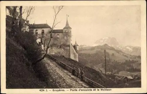 Ak Gruyères Kanton Freiburg Schweiz, Einfriedungstor und Moléson