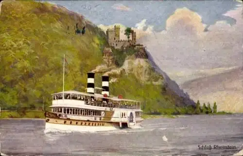 Künstler Ak Trechtingshausen am Rhein, Schloss Rheinstein mit Dampfer
