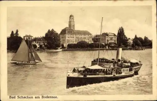 Ak Bad Schachen Lindau am Bodensee Schwaben, Dampfschiff, Segelboot, Teilansicht