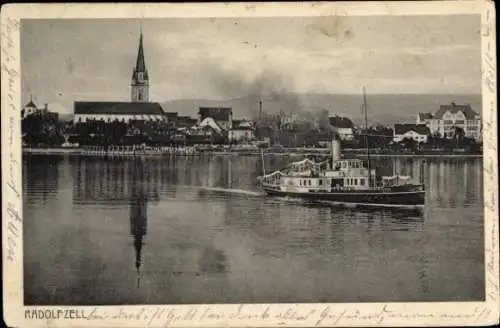 Ak Radolfzell am Bodensee Landkreis Konstanz, Dampfer, Kirche, Blick auf den Ort vom Wasser aus